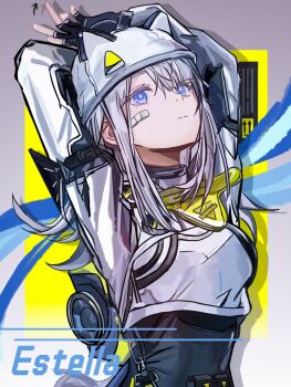 1girl animal_ears arknights arknights:_endfield arms_up arrow_(symbol) bandage_on_face bandages blue_eyes bodysuit bright_pupils character_name chinese_commentary closed_mouth commentary_request cropped_jacket estella_(arknights) expressionless fingerless_gloves gloves grey_hair hat highres long_hair long_sleeves looking_up solo stretching techwear upper_body user_tfzj8422 white_pupils