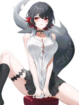 1girl bare_shoulders black_choker black_hair black_skirt black_socks breasts button_gap choker cleavage clothes_pull collared_shirt ellen_joe fins fish_tail hibiwa highres kneehighs large_breasts leg_up looking_at_viewer miniskirt multicolored_hair parted_lips pleated_skirt pulling_own_clothes red_eyes revision shark_tail shirt shirt_pull short_hair simple_background sitting skirt sleeveless sleeveless_shirt socks solo tail thigh_strap thighs two-tone_hair white_background white_shirt zenless_zone_zero