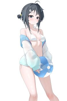 1girl absurdres ahoge arknights ball beachball bikini bikini_under_clothes black_hair blue_jacket blush breasts closed_mouth commentary_request feet_out_of_frame grey_eyes hair_bun hair_intakes hair_ornament hairclip highres holding holding_ball jacket la_pluma_(arknights) la_pluma_(summer_flowers)_(arknights) long_sleeves looking_at_viewer medium_breasts off_shoulder open_clothes open_jacket puffy_long_sleeves puffy_sleeves side-tie_bikini_bottom simple_background sleeves_past_wrists solo swimsuit white_background white_bikini white_jacket x_hair_ornament zerotwenty_(020)