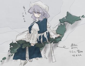 1girl blue_dress blush closed_mouth commentary_request dress grey_background grey_eyes grey_hair hat highres japan koyane_(silver81106) letty_whiterock looking_at_viewer mob_cap short_hair sitting sketch solo sweatdrop touhou translation_request white_hat