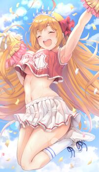 1girl :d absurdres ahoge alternate_costume arm_up armpits bare_shoulders blue_sky blush breasts cheering cheerleader cleavage closed_eyes cloud commentary confetti crop_top crop_top_overhang day full_body groin hair_between_eyes hair_ribbon highres holding holding_pom_poms jumping kneehighs large_breasts long_hair miniskirt navel open_mouth orange_hair pecorine_(princess_connect!) pleated_skirt pom_pom_(cheerleading) pom_poms princess_connect! rabenga red_ribbon red_shirt ribbon shirt shoes sidelocks skirt sky sleeveless sleeveless_shirt smile sneakers socks solo stomach sweat teeth tiara underboob upper_teeth_only very_long_hair white_shoes white_skirt white_socks
