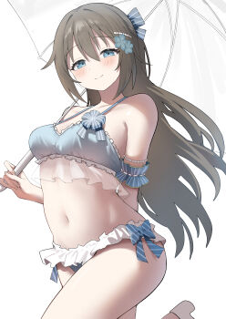 1girl absurdres arm_behind_back bikini blue_bikini blue_eyes breasts brown_hair cleavage closed_mouth commentary fingernails hair_ornament highres holding holding_umbrella long_hair looking_at_viewer love_live! love_live!_nijigasaki_high_school_idol_club medium_breasts navel osaka_shizuku parasol simple_background smile solo swimsuit umbrella white_background yuu_(shampoohatslime)