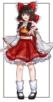 1girl ascot black_shoes bow brown_hair commentary detached_sleeves frilled_bow frilled_hair_tubes frilled_skirt frills hair_bow hair_tubes hakurei_reimu highres holding holding_ofuda long_hair mary_janes midriff nontraditional_miko ofuda open_mouth reaching reaching_towards_viewer red_bow red_eyes red_shirt red_skirt ribbon-trimmed_sleeves ribbon_trim shirt shoes skirt smile socks solo tentaizukan touhou white_socks wide_sleeves yellow_ascot