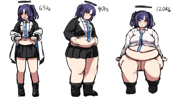 1girl absurdres before_and_after belly_grab black_jacket black_shoes black_skirt blue_archive blue_eyes blue_necktie blush bottomless breasts clothes_lift fat fat_rolls fat_woman hair_ornament halo hands_on_own_stomach highres jacket medium_hair midriff miniskirt multipel_views navel necktie nikuniku315 open_mouth plump purple_hair red_pupils shirt shirt_lift shoes sitting skirt small_breasts solo standing sweat tight_clothes two_side_up weight_conscious weight_gain white_background white_shirt yuuka_(blue_archive)