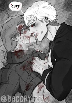 2boys bacchyarts bleeding blood braid closed_eyes clothes_grab coat colored_sclera crying english_text highres jojo_no_kimyou_na_bouken licking_another&#039;s_face long_hair male_focus monochrome multiple_boys red_eyes risotto_nero speech_bubble sweat sweater thought_bubble tongue tongue_out vento_aureo vinegar_doppio yaoi