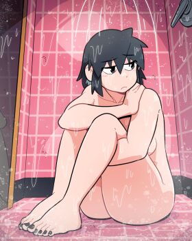 1girl absurdres ass bare_legs barefoot bathroom black_hair breasts completely_nude crying crying_with_eyes_open feet highres huge_ass indoors knees legs lucia_(scott_malin) nail_polish nude original pink_wall sad sad_face scott_malin shower showering sitting tagme tears toes water wet