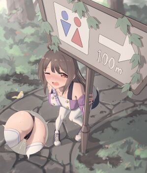 1girl :3 ahoge arrow_(symbol) ass bag bare_shoulders bird black_bra black_panties blue_footwear blush bra bra_strap breasts breath brown_eyes brown_hair bush buttons cleavage close-up cobblestone collarbone commission day detached_sleeves embarrassed female_focus forest from_above grass half-closed_eye hand_up have_to_pee highres ivy leaning_forward long_hair long_sleeves looking_up medium_breasts multiple_views nature nose_blush off-shoulder_shirt off_shoulder one_eye_closed open_mouth original outdoors panties path pee pee_trail peeing peeing_self puddle purple_shirt restroom_symbol road rune_(dualhart) shirt shoes shoulder_bag sidelocks sign sneakers standing stone_floor sweat tears thighhighs thighs tree trembling underwear water_drop wet wet_clothes wet_panties white_thighhighs wince
