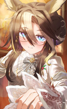 1girl absurdres animal_ears black_hair blue_eyes blush bow chestnutj37 commentary_request dream_journey_(snow-white_dreamland)_(umamusume) dream_journey_(umamusume) dress eyewear_strap glasses hair_between_eyes hair_bun highres horse_ears horse_girl long_hair long_sleeves looking_at_viewer multicolored_hair official_alternate_costume parted_lips smile solo umamusume upper_body white_dress white_hair