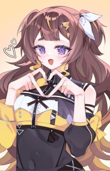 Rule 34 | 1girl, anya melfissa, blonde hair, brown hair, commentary, covered navel, four-finger heart hands, gradient background, gradient hair, hanapy, heart, heart hands, highres, hololive, hololive idol uniform (color rise), hololive indonesia, kris hair ornament, long hair, looking at viewer, multicolored hair, open mouth, purple eyes, simple background, solo, streaked hair, thick eyebrows, two-tone hair, two side up, upper body, virtual youtuber