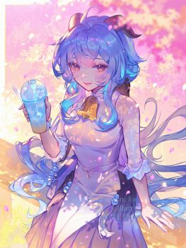 Rule 34 | 1girl, adversarial noise, ahoge, bare shoulders, bell, bench, black horns, black skirt, blue hair, breasts, cowbell, falling petals, ganyu (genshin impact), ganyu (heytea) (genshin impact), genshin impact, goat horns, highres, holding, horns, long hair, looking at viewer, medium breasts, orange sekaii, petals, sitting, skirt, solo, wavy hair