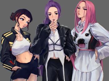 3girls ashuri_aato black_hair black_jacket black_shorts blush brown_eyes closed_mouth collared_shirt commentary crop_top double_bun earrings eyeshadow grey_background hair_bun hands_in_pockets hands_on_own_hips highres jacket jewelry kpop_demon_hunters looking_at_viewer looking_to_the_side makeup mascara mira_(kpop_demon_hunters) multiple_girls navel pendant pink_hair ponytail purple_eyeshadow purple_hair purple_nails red_streaks rumi_(kpop_demon_hunters) shirt short_bangs shorts sidelocks simple_background twitter_username zoey_(kpop_demon_hunters)