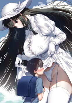 1boy 1girl absurdres age_difference backpack bag black_hair blue_shirt blue_sky blush breasts brown_eyes cameltoe center_frills clothes_lift cloud day dress dress_lift frills garter_straps gloves hasshaku-sama hat height_difference highres holding_strap japanese_urban_legends juliet_sleeves kirisaki_shuusei large_breasts lifting_own_clothes long_hair long_sleeves looking_down onee-shota original outdoors panties parted_lips puffy_sleeves randoseru shirt short_sleeves shota signature size_difference sky sun_hat thighhighs thighs underwear very_long_hair white_dress white_garter_straps white_gloves white_headwear white_panties white_thighhighs
