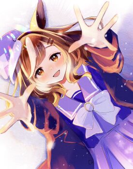 1girl animal_ears blue_coat blue_hat blush bow bowtie breasts brown_eyes brown_hair coat collarbone hair_ornament hairclip hat highres horse_ears horse_girl looking_at_viewer matikanetannhauser_(umamusume) medium_hair multicolored_hair newsboy_cap open_clothes open_coat open_mouth outstretched_arms purple_sailor_collar purple_serafuku purple_shirt purple_skirt reaching reaching_towards_viewer sailor_collar sailor_shirt sakuma_nuta school_uniform serafuku shirt skirt smile solo streaked_hair tracen_school_uniform tracen_winter_coat umamusume white_bow white_bowtie winter_clothes winter_coat winter_uniform yellow_eyes