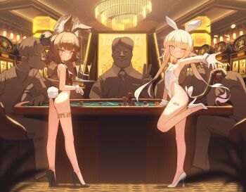 2girls 5boys absurdres alcohol animal_ear_fluff animal_ear_hairband animal_ears ass bandaid bandaid_on_leg black_hair black_leotard black_shoes blonde_hair blue_eyes bow bowtie braid breasts bun_with_braided_base casino casino_card_table cat_tail closed_eyes cocktail_glass collared_shirt commentary commission covered_navel cup detached_collar domado dress_shirt drinking_glass facial_hair facial_mark fake_animal_ears fake_tail flat_chest grin hair_bun hairband heart heart_facial_mark high_heels highleg highleg_leotard highres holding holding_tray indoors leotard long_hair looking_at_viewer multiple_boys multiple_girls mustache neck one_eye_closed original outstretched_arm pixiv_commission playboy_bunny pointy_ears poker_chip pumps rabbit_ear_hairband rabbit_ears rabbit_tail red_bow red_bowtie red_eyes shirt shoes short_hair sitting slot_machine small_breasts smile standing standing_on_one_leg strapless strapless_leotard table tail thigh_strap tray twintails v very_long_hair white_leotard white_shoes white_wrist_cuffs wrist_cuffs