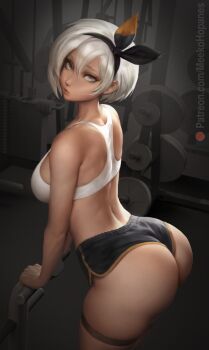 1girl arched_back arm_support ass back bea_(pokemon) black_hairband black_shorts breasts closed_mouth dark-skinned_female dark_skin fitness_gym from_side grey_eyes grey_hair gym_equipment hair_between_eyes hairband looking_at_viewer medium_breasts meekohopanes nintendo patreon_username pokemon pokemon_swsh short_hair short_shorts shorts sideboob solo sports_bra thigh_strap weights white_sports_bra