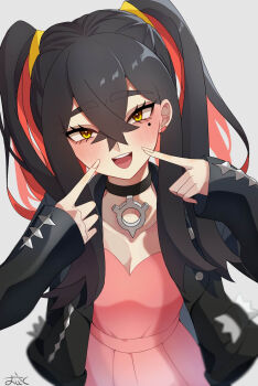 1girl :d black_choker black_hair black_jacket blush carmine_(pokemon) choker commentary_request cosplay crossed_bangs dress eyelashes fingers_to_cheeks hair_between_eyes highres jacket long_hair long_sleeves looking_at_viewer marnie_(pokemon) marnie_(pokemon)_(cosplay) mole mole_under_eye multicolored_hair ninkou_tan nintendo open_clothes open_jacket open_mouth pink_dress pokemon pokemon_sv pokemon_swsh red_hair sleeves_past_wrists smile solo teeth twintails two-tone_hair upper_body upper_teeth_only white_background yellow_eyes