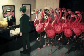 1boy adjusting_clothes adjusting_necktie bathroom bird black_hair black_jacket black_pants black_suit blue_necktie collared_shirt flamigo flamingo formal_clothes gen_7_pokemon grey_shirt indoors jacket larry_(pokemon) mirror necktie nicca_(nicca11y) nintendo oricorio oricorio_(pom-pom) pants pokemon pokemon_(creature) pokemon_sv shirt short_hair suit tile_floor tiles