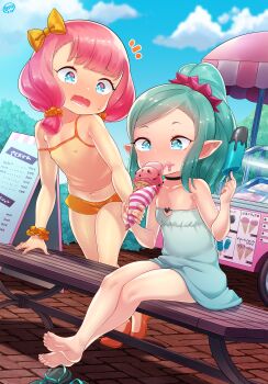 2girls arm_support barefoot bench blue_dress blue_eyes blue_footwear blue_hair blush born-to-die bow bush choker cloud collarbone dress eating flip-flops flip-flops_removed food hair_bow highres holding ice_cream ice_cream_cone loli long_hair looking_down menu midriff multiple_girls navel open_mouth orange_footwear orange_shirt orange_shorts pink_hair pointy_ears ponytail popsicle sandals scrunchie shirt shoes short_hair shorts sitting sky sleeveless sleeveless_dress standing strap_slip sundress surprised tank_top teeth wrist_scrunchie
