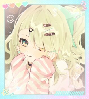 Rule 34 | 1girl, bandaid, bandaid hair ornament, black choker, blush, border, chinatsu remiel, choker, closed mouth, commentary request, dotted background, gradient border, green border, green eyes, green nails, hair ornament, head rest, heart, heart hair ornament, highres, jewelry, long hair, looking at viewer, multicolored eyes, multiple hair clips, orange eyes, pink arm warmers, pink border, ponytail, ring, shirt, smile, solo, star (symbol), striped arm warmers, twitter username, white shirt, yakiuo uo, zenless zone zero