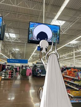 Rule 34 | 2girls, aannyeongh40018, absurdly long hair, arms up, arthropod girl, baby, black skin, bodysuit, camera feed, candy, carrying, carrying baby, carrying person, ceiling light, colored skin, commentary request, cowboy shot, english text, facing away, fitting room, food, from behind, grand mother silk (hollow knight), holding, hollow knight, hollow knight: silksong, indoors, korean commentary, lace (hollow knight), long hair, meme, mother and daughter, multiple girls, photo-referenced, photo background, showing baby to a supermarket camera (meme), standing, television, very long hair, white bodysuit, white eyes, white hair