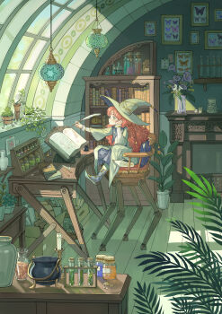 1girl absurdly_detailed_composition absurdres book bookshelf bottle bug butterfly commentary_request dress fatlulu_(1008) fern green_dress green_hat hanging_light hat highres insect loaded_interior open_book original plant potted_plant quill red_hair sitting solo table test_tube witch_hat