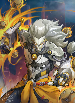 1boy 2025 absurdres artificial_eye banyue_(zenless_zone_zero) claws clenched_hand clothed_robot clothes_around_waist commentary commentary_request cowboy_shot dasoin dated english_commentary fire floating_ball grey_hair highres humanoid_robot long_hair male_focus mechanical_eye mechanical_hands metal_skin mixed-language_commentary orb outdoors robot robot_boy signature solo steam zenless_zone_zero