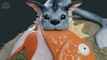 3d animal_focus artist_name black_eyes blender_(medium) carp chris_masna claws close-up closed_mouth commentary dirt english_commentary fins fish fish_in_mouth fish_tail full_body gen_1_pokemon grass green_background head_fins highres holding magikarp making-of_available mouth_hold nintendo no_humans on_ground open_mouth otter pokemon pokemon_(creature) predation realistic shiny_skin signature simple_background standing straight-on tail tongue vaporeon veins whiskers wide-eyed