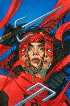 1girl black_gloves black_hair blue_background bodysuit character_logo comic_cover commentary cowl daredevil dual_persona dual_wielding elektra elektra_natchios english_commentary fake_horns floating_hair gloves green_eyes headband holding holding_weapon horns long_hair looking_at_viewer marvel my_name_is_tran official_art parted_lips red_bodysuit red_headband sai_(weapon) solo superhero_costume textless_version traditional_media upper_body weapon