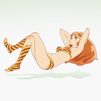 1girl 55bata6rou animal_print arms_behind_head arms_up bikini breasts cleavage cone_horns crossed_legs floating full_body highres horns limited_palette long_hair looking_at_viewer lum lying medium_breasts navel on_back oni print_bikini print_boots solo strapless strapless_bikini swimsuit tiger_print urusei_yatsura yellow_bikini