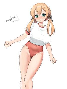 Rule 34 | 1girl, blonde hair, blue eyes, blush, breasts, buruma, dated, gym shirt, gym uniform, highres, kantai collection, large breasts, long hair, looking at viewer, maru (marg0613), prinz eugen (kancolle), red buruma, shirt, short sleeves, smile, solo, twintails, twitter username, white background, white shirt