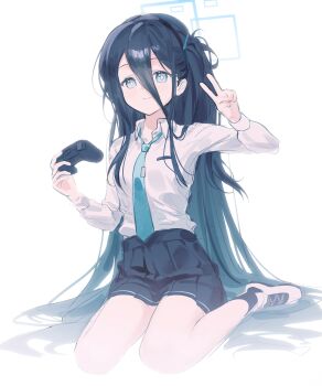 1girl absurdres aris_(blue_archive) black_hair black_skirt black_socks blue_archive blue_eyes blue_nails blush closed_mouth controller game_controller highres holding holding_controller holding_game_controller long_hair looking_at_viewer one_side_up shirt shoes sidelocks sitting skirt smile socks solo v very_long_hair wariza white_shirt white_shoes xianyusixu