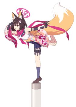 1girl absurdres animal_ear_fluff animal_ears asymmetrical_legwear black_gloves black_sailor_collar black_skirt black_socks blue_archive brown_hair brown_shoes cherry_blossom_print commentary eyeshadow fishnet_thighhighs fishnets floating_scarf floral_print floral_print_kimono fox_ears fox_girl fox_hair_ornament fox_tail fuhao10708 full_body gloves hair_ornament halo hands_up highres izuna_(blue_archive) japanese_clothes kimono kneehighs kunai loafers long_scarf looking_ahead makeup medium_hair miniskirt mismatched_legwear neckerchief ninja open_mouth partially_fingerless_gloves pink_eyeshadow pink_halo pink_kimono pink_neckerchief pink_scarf pleated_skirt pom_pom_(clothes) pom_pom_hair_ornament print_kimono sailor_collar scarf school_uniform serafuku shading_eyes shirt shoes simple_background single_thighhigh skirt sleeveless sleeveless_shirt socks solo standing standing_on_one_leg symbol-only_commentary tail tail_raised thighhighs tiptoes weapon white_background white_shirt yellow_eyes