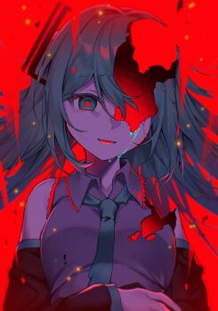 1girl absurdres black_sleeves breasts collared_shirt commentary_request cracked_skin crying detached_sleeves earrings green_eyes green_hair green_necktie grey_shirt hatsune_miku highres hollow_body jewelry kurobikari long_hair looking_at_viewer marshmallow_(vocaloid) medium_breasts necktie open_mouth red_background red_eyes shirt simple_background single_earring sleeveless sleeveless_shirt smile solo twintails upper_body vocaloid