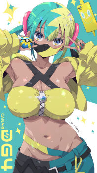 1girl aqua_hair bandeau blonde_hair blue_eyes breasts canari_(pokemon) cleavage covered_erect_nipples dark-skinned_female dark_skin gen_4_pokemon highres large_breasts looking_at_viewer mask midriff mouth_mask multicolored_hair navel nintendo oomura_karasu pokemon pokemon_legends:_z-a rotom rotom_phone solo stomach twintails yellow_bandeau
