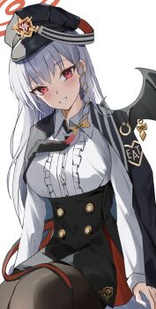 1girl :d absurdres arms_at_sides black_hat black_jacket black_pantyhose black_skirt blue_archive blush bow braid breasts buttons center_frills collared_shirt commentary cowboy_shot demon_girl demon_tail demon_wings double-breasted earrings frilled_shirt frills grey_hair grin hair_between_eyes hair_bow halo haruna_(blue_archive) hat high-waist_skirt highres jacket jacket_on_shoulders jewelry large_breasts long_hair long_sleeves looking_at_viewer open_mouth pantyhose peaked_cap red_eyes red_halo school_uniform shirt simple_background single_braid single_wing sitting skirt smile solo straight_hair tail tsurime udonpan very_long_hair white_background white_shirt wing_earrings wings yellow_bow