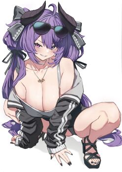 1girl bare_legs black_nails black_panties black_tube_top blush breasts cleavage demon full_body hair_ribbon heterochromia highres huge_breasts jacket jewelry leaning_forward long_hair looking_at_viewer neck_ring necklace original panties parted_lips platform_sandals purple_hair ribbon sandals simple_background solo spread_legs squatting strapless sunglasses torisanff14 track_jacket tube_top underwear very_long_hair vrchat white_background
