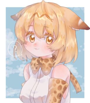 1girl :p ? animal_ear_fluff animal_ears animal_print bare_shoulders blonde_hair blush bow bowtie cat_ears cat_girl cat_print cat_tail ears_down elbow_gloves gloves hair_between_eyes highres kemono_friends looking_at_viewer print_bow print_bowtie print_gloves seki_mhsk serval_(kemono_friends) shirt short_hair sidelocks sleeveless solo spoken_question_mark tail tongue tongue_out white_shirt yellow_bow yellow_bowtie yellow_eyes yellow_gloves