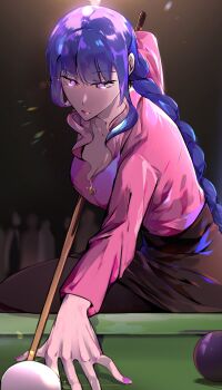 1girl 8-ball absurdres alternate_costume alternate_universe ball billiard_ball black_background black_pantyhose black_skirt blunt_bangs braid breasts cleavage closed_mouth collarbone collared_shirt commentary cue_stick dark_room english_commentary from_side genshin_impact glint highres holding_cue_stick indoors large_breasts light_particles long_braid long_hair looking_down mole mole_under_eye multicolored_hair multiple_others pantyhose pink_lips pink_shirt playing_games pool_table purple_eyes purple_hair purple_nails raiden_shogun s_arrysky90 shade shirt single_braid skirt solo_focus table thighs zipper