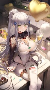 1girl absurdres balloon bodysuit breasts cake cake_slice cleavage closed_mouth commentary_request cup drinking_glass fingerless_gloves food fork girls&#039;_frontline girls&#039;_frontline_2:_exilium gloves green_eyes grey_hair guest_art hair_ornament high_ponytail highres hk416_(girls&#039;_frontline) holding holding_cup klukai_(girls&#039;_frontline_2) klukai_(speed_star)_(girls&#039;_frontline_2) large_breasts long_hair looking_at_viewer official_alternate_costume ponytail rity sitting sitting_on_table smile solo very_long_hair white_bodysuit white_gloves
