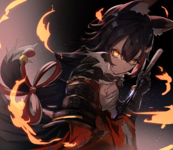 1girl absurdres alternate_costume animal_ear_fluff animal_ears armor black_hair breasts chest_sarashi cleavage commentary_request dot_nose fire gloves glowing glowing_eyes hair_between_eyes hair_ornament highres holding holding_weapon hololive japanese_armor katana kuwapu12 large_breasts long_hair long_sleeves multicolored_hair ookami_mio red_hair rope sarashi shimenawa shoulder_armor sky star_(sky) starry_sky sword virtual_youtuber weapon wolf_ears wolf_girl yellow_eyes