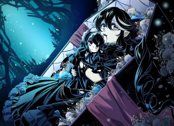 1girl black_dress black_hair blood blood_from_mouth blue_flower blue_rose chain coffin commentary doll double-parted_bangs dress english_commentary fangs flower frilled_dress frills grey_eyes grey_streaks hair_between_eyes highres holding holding_doll long_hair looking_at_viewer lying multicolored_hair night on_back open_mouth original pointy_ears rose ryuuxin sadie_(ryuuxin) solo streaked_hair vampire