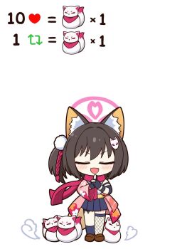 1girl achilles_(yosshyachillesd) animal_ear_fluff animal_ears blue_archive blue_sailor_collar blue_skirt blue_socks blush bob_cut brown_hair brown_shoes chibi closed_eyes commentary_request facing_viewer fang fishnet_thighhighs fishnets floral_print floral_print_kimono fox fox_ears fox_girl fox_hair_ornament fox_tail full_body hair_ornament halo highres izuna_(blue_archive) japanese_clothes kimono kneehighs kuji-in like_and_retweet medium_hair miniskirt obi one_side_up open_mouth own_hands_together pink_halo pink_kimono pleated_skirt pom_pom_(clothes) pom_pom_hair_ornament print_kimono purple_scarf sailor_collar sailor_shirt sash scarf school_uniform shirt shoes short_kimono short_yukata simple_background single_off_shoulder single_sock single_thighhigh skirt sleeveless sleeveless_shirt smile smoke socks solo standing straight-on summoning tail thighhighs twitter_strip_game_parody w_arms white_background white_shirt yukata