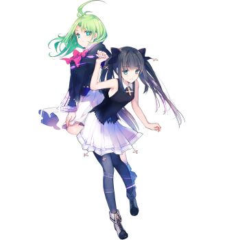 Rule 34 | 2girls, ahoge, arcaea, bare shoulders, black bow, black hair, black shirt, blue eyes, blunt bangs, boots, bow, bowtie, cierra (ra-bit), closed mouth, cross, cross-shaped pupils, full body, green hair, hair bow, hand on own knee, hand up, highres, holding hands, long hair, long sleeves, looking at viewer, multiple girls, official art, pantyhose, pleated skirt, red bow, saya (arcaea), shirt, simple background, skirt, sleeveless, sleeveless shirt, smile, symbol-shaped pupils, tairitsu (arcaea), tairitsu (tone sphere collaboration) (arcaea), tone sphere, transparent background, trin (tone sphere), twintails, white footwear, white skirt