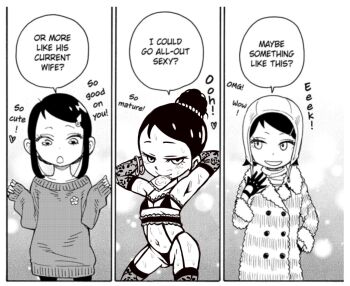 1girl alternate_color alternate_costume armpits arms_behind_head arms_up becky_blackbell bra coat comic condom condom_in_mouth condom_wrapper elbow_gloves english_text female_focus garter_belt garter_straps gloves greyscale hair_bun hat legs_apart lingerie loli looking_at_viewer monochrome mossyfroot mouth_hold navel short_hair smile speech_bubble spy_x_family standing sweat thighhighs third-party_edit underwear