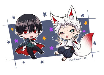 2boys alternate_costume alternate_eye_color animal_ears black_hair chibi chibi_only eyeliner fang fox_ears fox_shadow_puppet fox_tail hikaru_ga_shinda_natsu indou_hikaru japanese_clothes looking_at_viewer makeup male_focus mole mole_on_cheek mole_under_eye mole_under_mouth multiple_boys pointy_ears red_eyeliner red_pupils sasaya short_eyebrows short_hair simple_background slit_pupils star_(symbol) tail tsujinaka_yoshiki twitter_username vampire_costume white_background white_hair