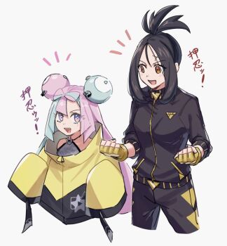 2girls aoki_shizumi black_hair black_jacket black_track_suit blue_hair bow-shaped_hair breasts character_hair_ornament commentary_request criss-cross_halter cross_scar dendra_(pokemon) fake_hair_bun fingerless_gloves gen_1_pokemon gloves hair_ornament halter_shirt halterneck height_difference hexagon_print iono_(pokemon) jacket long_hair magnemite medium_breasts multicolored_hair multiple_girls nintendo open_mouth oversized_clothes pink_hair pokemon pokemon_sv scar scar_on_face scar_on_forehead sharp_teeth sidelocks sleeves_past_fingers sleeves_past_wrists smile split-color_hair teeth three-quarter_sleeves track_jacket track_suit turtleneck turtleneck_jacket updo x_(symbol) yellow_gloves yellow_jacket zipper_pull_tab