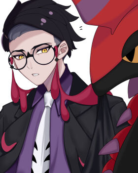 1boy black-framed_eyewear black_hair black_jacket collared_shirt commentary_request corbeau_(pokemon) gen_5_pokemon glasses highres jacket male_focus necktie nintendo open_clothes open_jacket pokemon pokemon_(creature) pokemon_legends:_z-a purple_shirt round_eyewear scolipede shirt short_hair simple_background to_to_shiro upper_body white_background white_necktie yellow_eyes