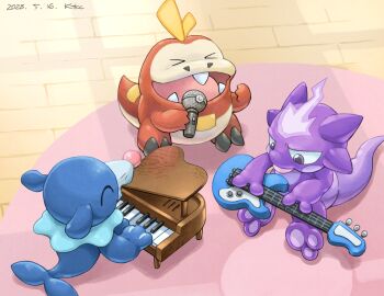 &gt;_&lt; ^_^ absurdres artist_name closed_eyes commentary dated electric_guitar english_commentary fangs fuecoco gen_7_pokemon gen_8_pokemon guitar highres holding holding_instrument holding_microphone indoors instrument katkichi microphone music nintendo no_humans open_mouth piano playing_instrument playing_piano pokemon pokemon_(creature) popplio purple_eyes rug singing sitting smile teeth toxel wooden_floor