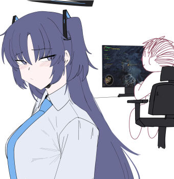 1boy 1girl :/ black_halo blue_archive blue_eyes blue_hair blue_necktie blush chair cliov closed_mouth collared_shirt commentary computer doodle_sensei_(blue_archive) dress_shirt flat_color hair_ornament halo highres long_hair monitor monster_hunter_(series) monster_hunter_wilds necktie on_chair playing_games sensei_(blue_archive) shirt sitting two_side_up white_shirt yuuka_(blue_archive)