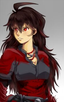 1girl ahoge akashasi arm_guards breasts brown_hair cleavage commentary grey_background hair_between_eyes japanese_clothes jewelry kimono light_blush long_hair multiple_necklaces necklace raven_branwen red_eyes red_kimono rwby signature